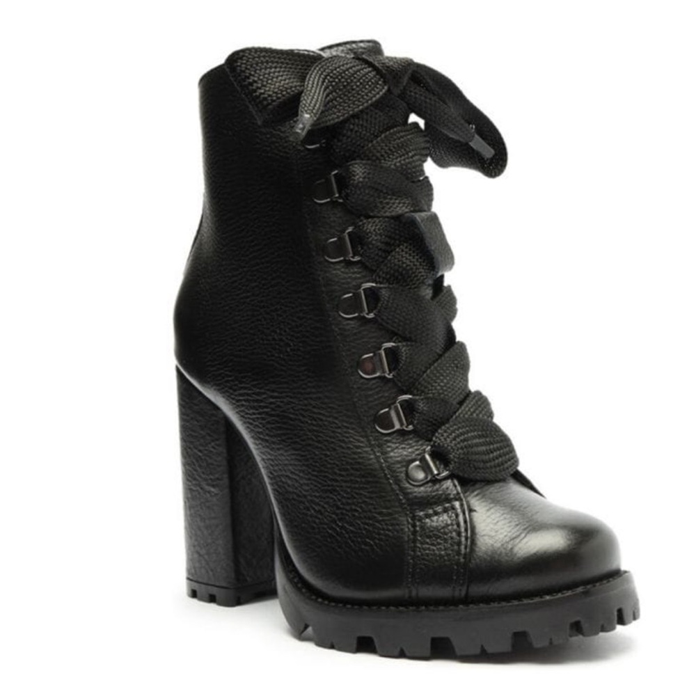 Schutz Zhara 110MM Leather Black Lace-Up Block Heel Boots Size 8